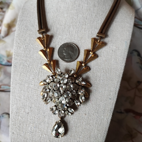 J. Crew Art Deco Revival Brass Tone Clear Stone Statement Necklace Reproduction - Picture 9 of 16